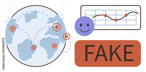 Globe with connected points, data graph, smiling face, bold FAKE label. Ideal for misinformation awareness, social media influence, connectivity, analytics, content verification global
