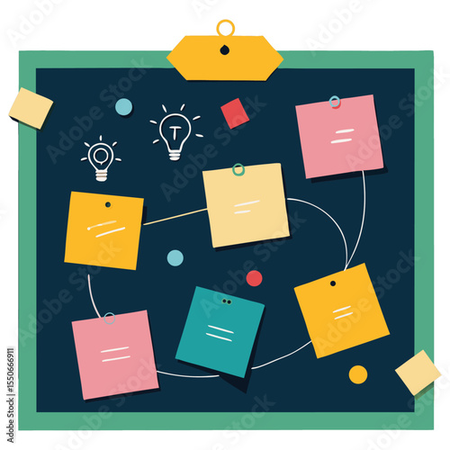 Colorful flat design of a pinboard with sticky notes, lightbulb icons, and connecting lines, symbolizing brainstorming and organization.