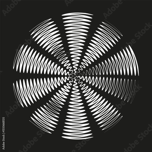Circular radial pattern. Round burst design. Monochrome geometric illustration. Vector sunburst background.