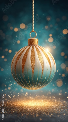 A shiny Christmas ornament hanging gently magical blue background glowing festive atmosphere and holiday charm.
