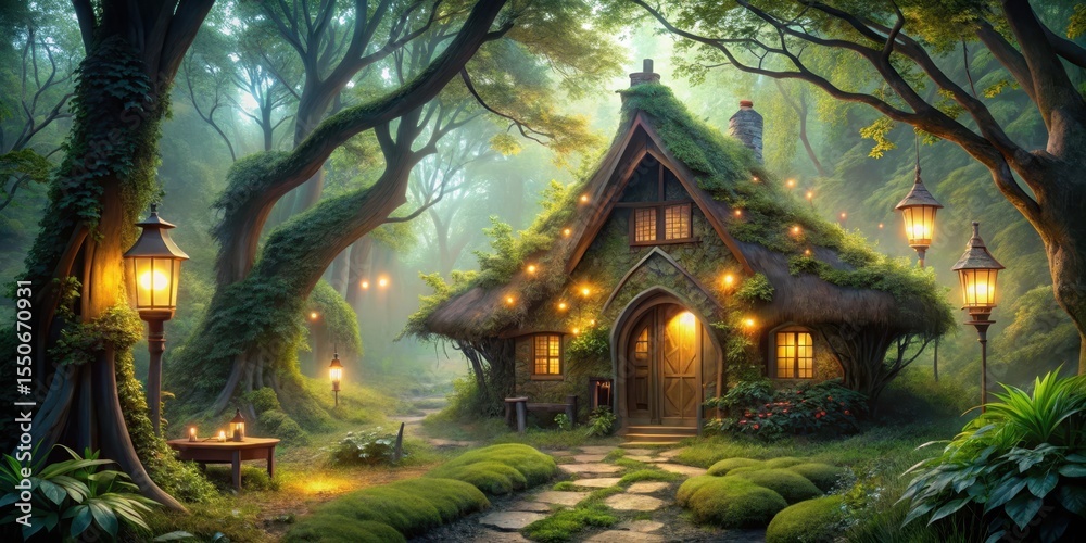 Fototapeta premium Enchanted Cottage nestled deep within a mystical forest, illuminated by the soft glow of lanterns and fairy lights on a tranquil evening