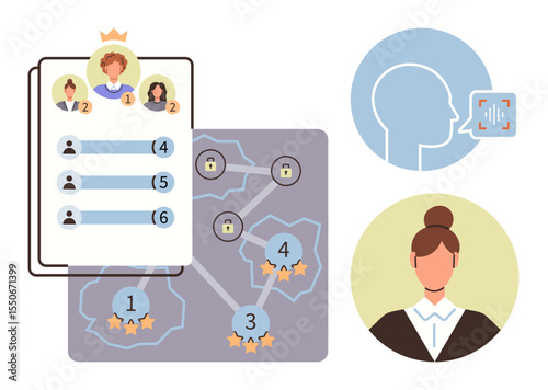 User profiles ranked by badges, leaderboard and scores, collaborative network with secured connections, facial recognition, and avatar representation. Ideal for data security, user ranking, teamwork