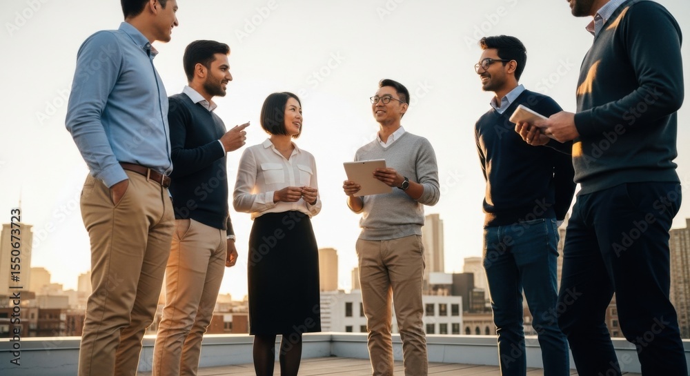 Fototapeta premium Diverse group of professionals in business casual attire discussing ideas on a rooftop terrace with a cityscape background