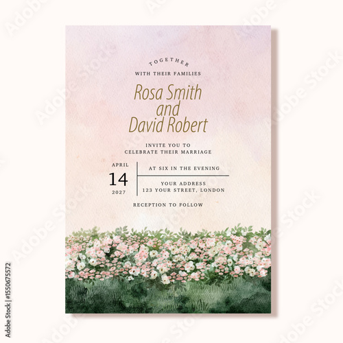 wedding invitation card with beautiful garden landscape watercolor background