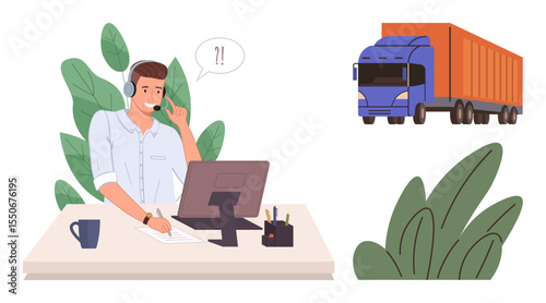 Man with headset talking at desk with computer, truck in motion. Ideal for logistics, shipment, customer service, communication, freight management, supply chain delivery. Modern flat metaphor