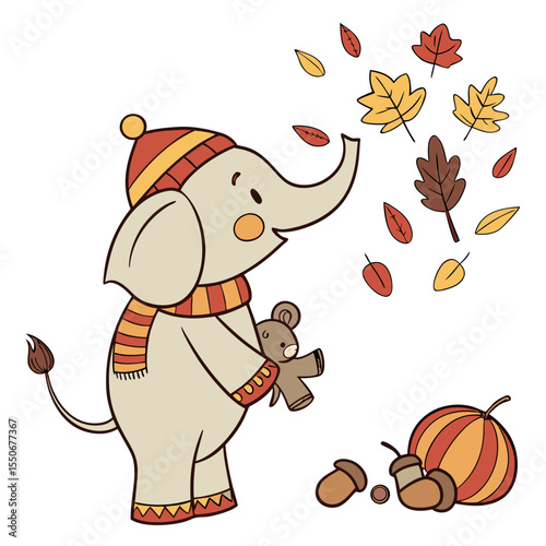 Autumn Leaves colored Elephant with a Content touch, placed in a Autumn theme and styled with with a stuffed animal