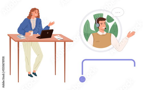 Professional woman interacting with male virtual support agent via video call. Ideal for communication, business, teamwork, customer service, remote work, technology, and modern office. A simple flat
