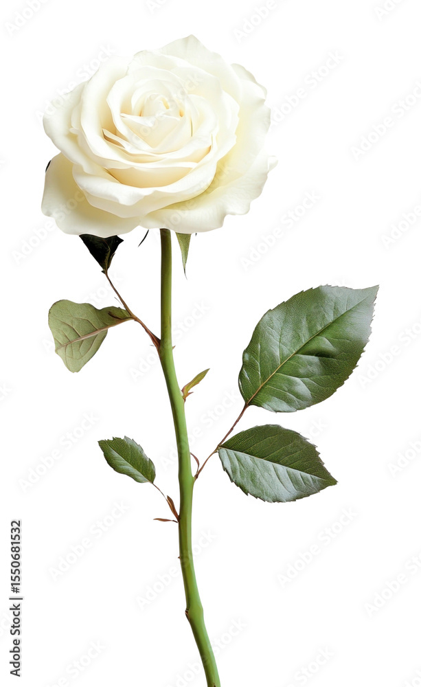 Obraz premium PNG A fresh white rose flower background leaves stem.