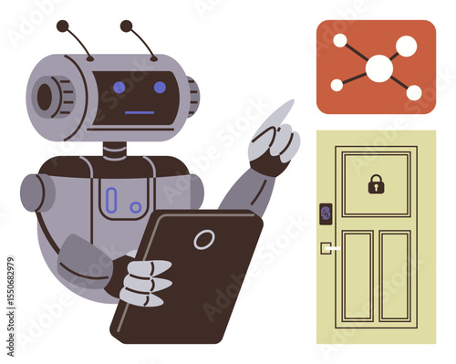 Humanoid robot holding tablet, pointing, smart technology door lock, network diagram. Ideal for AI, IoT, security, automation, smart homes cybersecurity simple flat metaphor