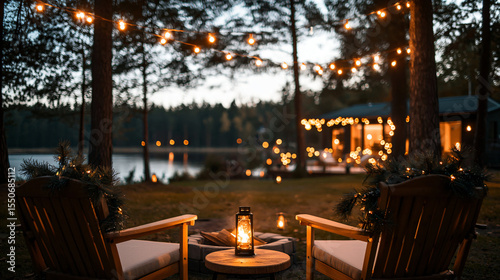Fototapeta Naklejka Na Ścianę i Meble -  Cozy winter cabin evening with string lights and chairs by the lake