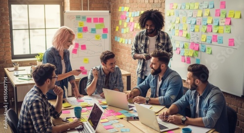 Diverse team collaborates on innovative project using colorful sticky notes and laptops in a modern office setting brainstorming ideas for success