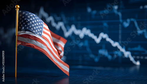 Us flag with declining stock graph symbolizes economic recession and stagnation
