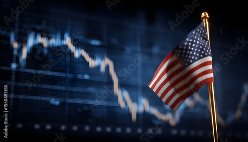 Us flag with declining stock graph symbolizes economic recession and stagnation
