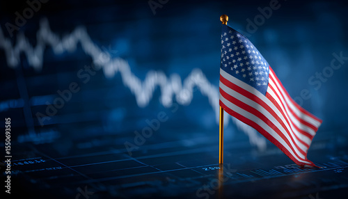 Us flag with declining stock graph symbolizes economic recession and stagnation