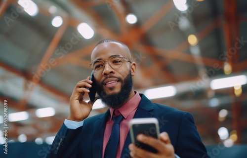 Businessman engaged in conversation at industry tradeshow while receiving vital message