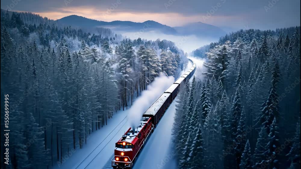 Snow-covered train passing through pine forest mountains. 
