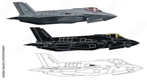 F-35 Lightning II Stealth Jet: Trio of Side Profile Illustrations in Realistic Color, Silhouette, and Line Art Styles on White Background

