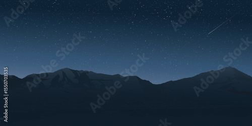 Night at countryside landscape in winter season with silhouette mountain ranges have a lot of star on the sky background graphic illustration.