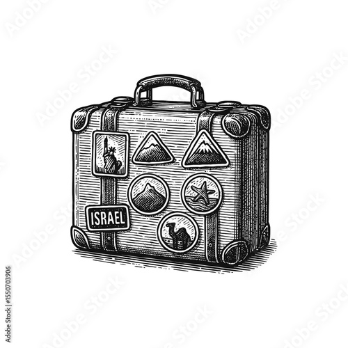 Vintage Travel Suitcase with Stickers, drawn in an engraved, woodcut style with fine details sketch engraving vector illustration. Scratch board imitation. Black and white image