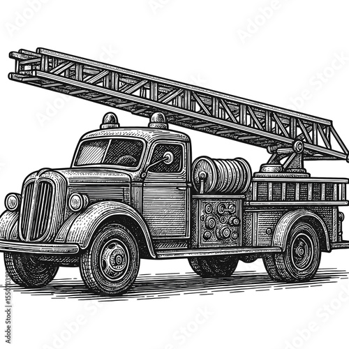 Vintage Fire Truck Illustration, drawn in an engraved, woodcut style with fine details sketch engraving vector illustration. Scratch board imitation. Black and white image