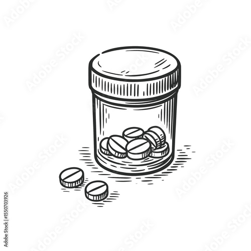 Pill Bottle and Loose Tablets, drawn in an engraved, woodcut style with fine details sketch engraving vector illustration. Scratch board imitation. Black and white image
