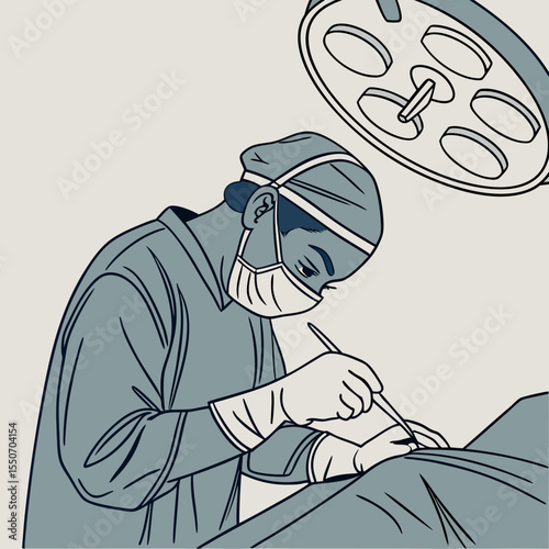 Surgeon Operating Under Bright Lights – Flat Vector for Surgery, Hospital Training, and Medical Use