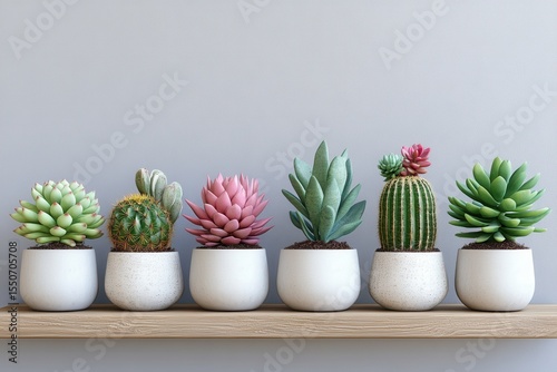 Wallpaper Mural Four assorted succulents in white and spotted pots sit on a wooden shelf against a blue-gray wall providing a minimalist aesthetic for modern indoor gardening Torontodigital.ca