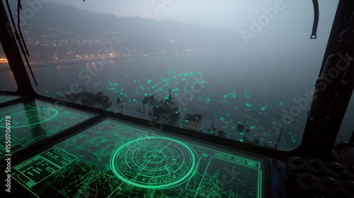 Futuristic navigation system displaying marine traffic data on multiple holographic screens inside control bridge overlooking foggy bay at dusk, enhancing maritime safety and efficiency