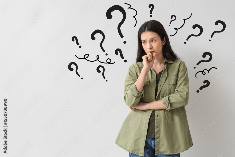 Portrait of worried young woman on light background Portrait of worried young woman on light background