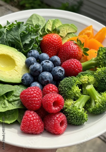 Colorful Assortment of Fresh Fruits and Vegetables on a Plate