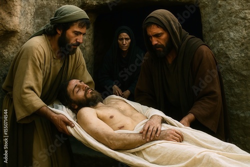 Disciples laying Jesus Christ in the tomb after crucifixion