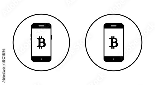 Bitcoin icon on phone screen. Mobile crypto transaction and digital wallet in circle line