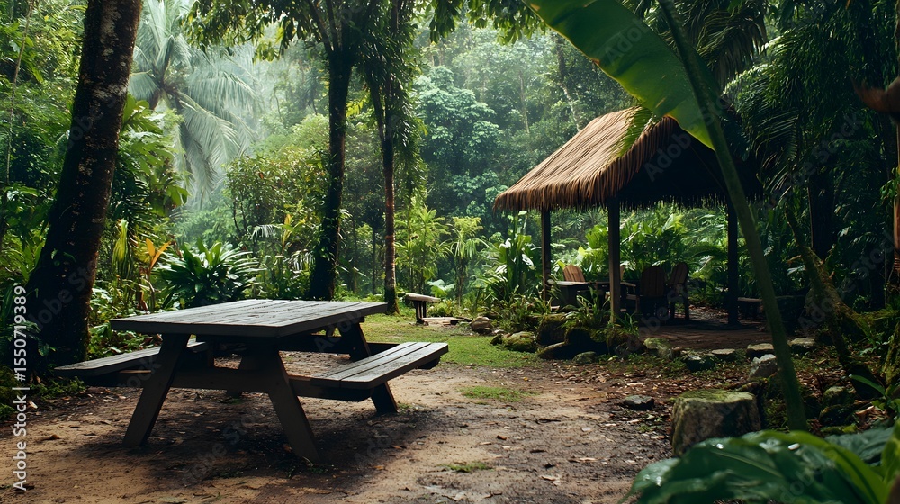 Obraz premium Lush Rainforest Picnic Area Wooden Table