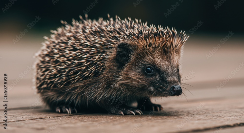 Fototapeta premium Close Up of a Small Brown Hedgehog on Wooden Surface