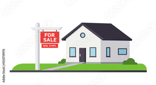 A simple illustration of a house with a "For Sale" sign, representing real estate.