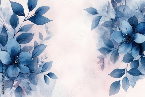 Watercolor blue flower and leaves frame with soft background provides a delicate and elegant touch, ideal for invitations and designs
