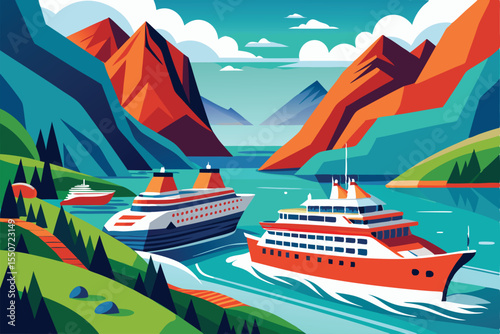 Cruise Ships Sailing Through a Fjord Landscape in a Modern Style