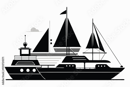  Sailboats Silhouetted Against a White Background with Shaded Sails