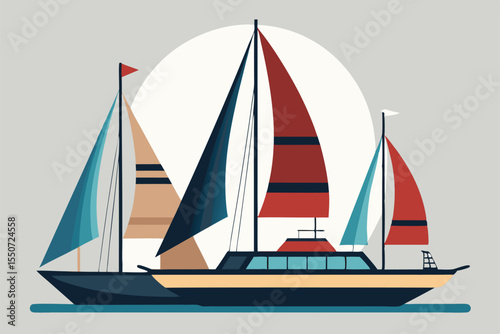 Stylized Illustration of Three Sailboats with Different Colored Sails and Hulls