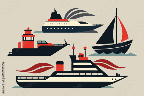 Stylized Maritime Vessels Ships Boats and Sailboat in Retro Design