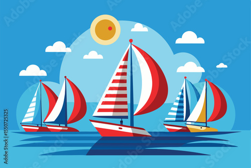 Stylized Sailboats on the Ocean with Sun and Clouds Illustration