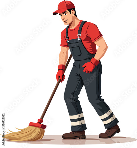 Cartoon janitor sweeping floor illustration for cleaning service and maintenance company promotion material
