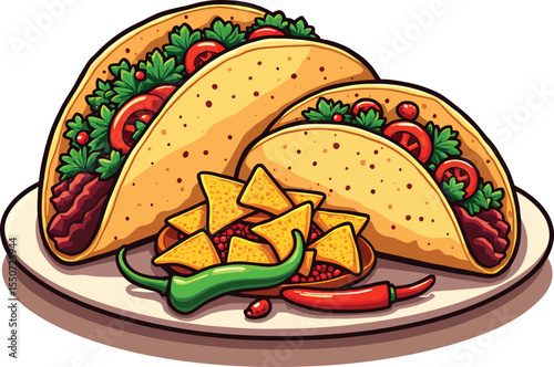 Delicious tacos with nachos and peppers illustration for mexican food lovers and taco tuesday fans