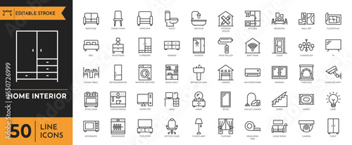 Home interior outline icon set. Furniture and house decoration icons symbol. Editable stroke. Vector illustration