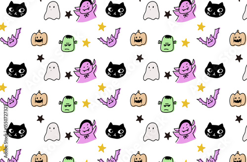 手描きハロウィンキャラクターのシームレスパターン