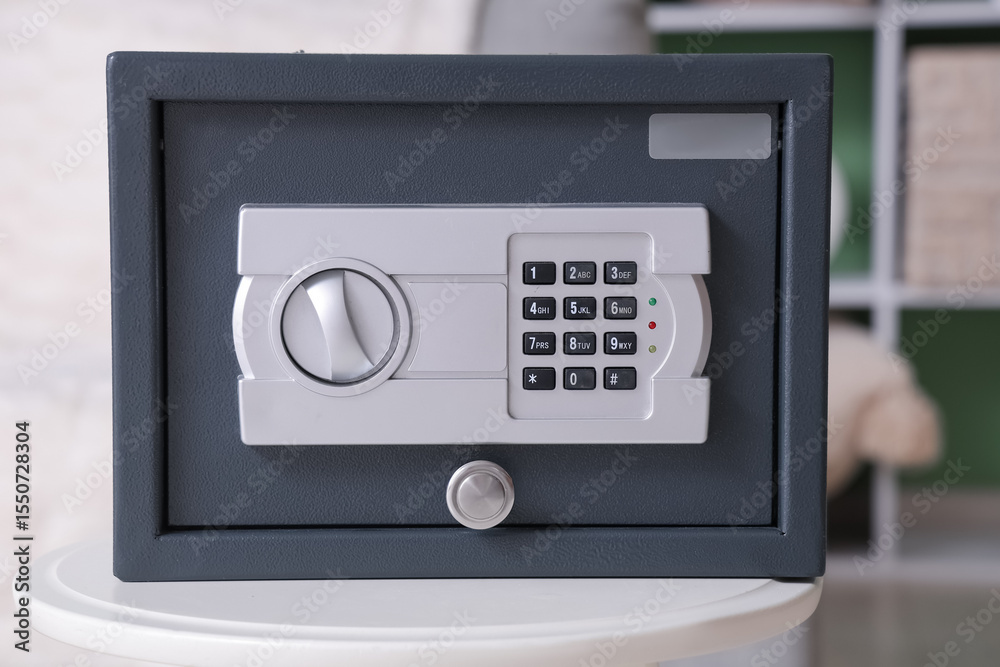 Modern safe on table in living room, closeup Modern safe on table in living room, closeup