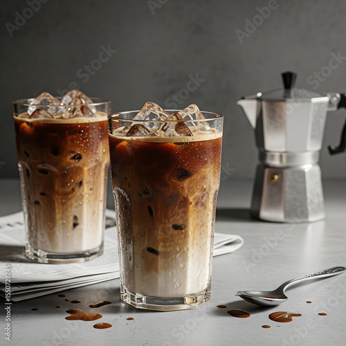 Two glasses of iced coffee with milk and ice cubes sit on a grey surface next to a moka pot and a spoon, with coffee splashes