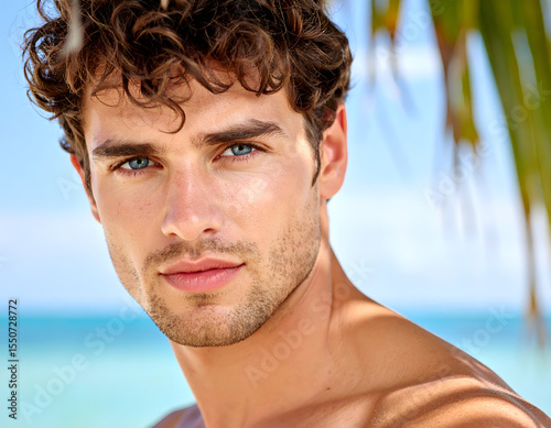 A handsome young adult man with blue eyes and curly hair looks directly at the camera, with a tropical beach blur in the background