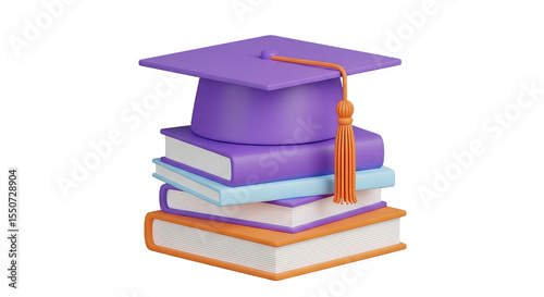 A graduation cap rests elegantly on a stack of colorful books, symbolizing educational achievement.