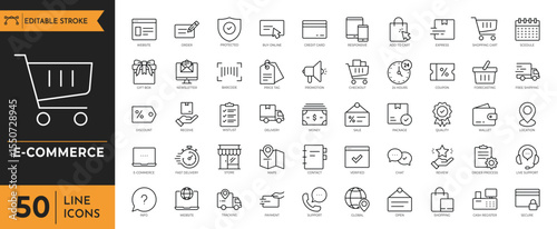 E-commerce outline icon set. Containing Online shopping, shopping cart, delivery, payment, marketing, sale tag, basket, and more. Editable stroke. Vector illustration